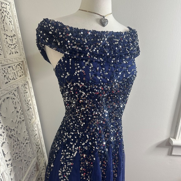 Goddiva London Navy Blue Off Shoulder Sequin Fairycore Formal Event Prom Dress - Picture 5 of 9